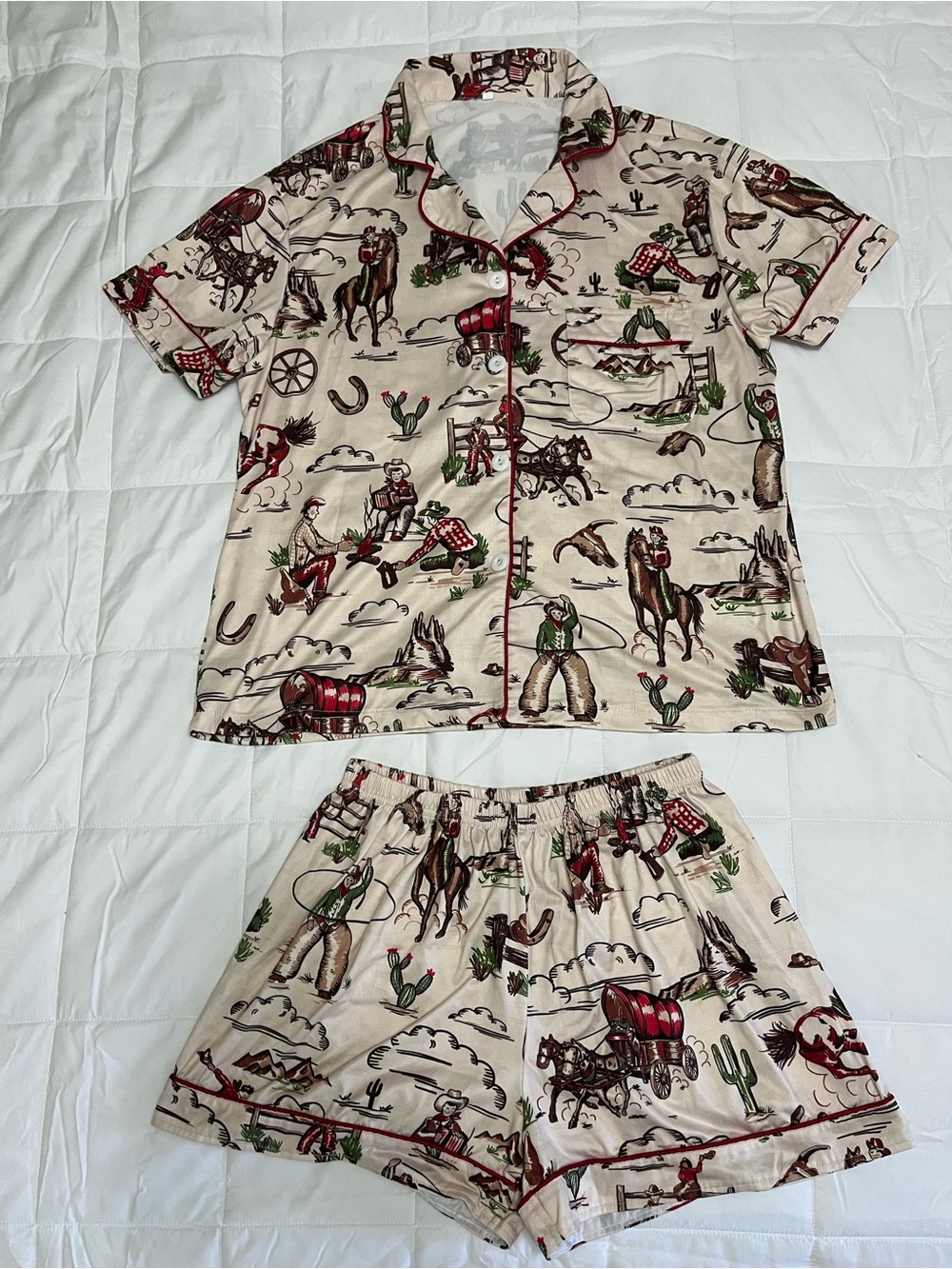 Western-Print Short Pajama Set - Cream with Red & Green Accents